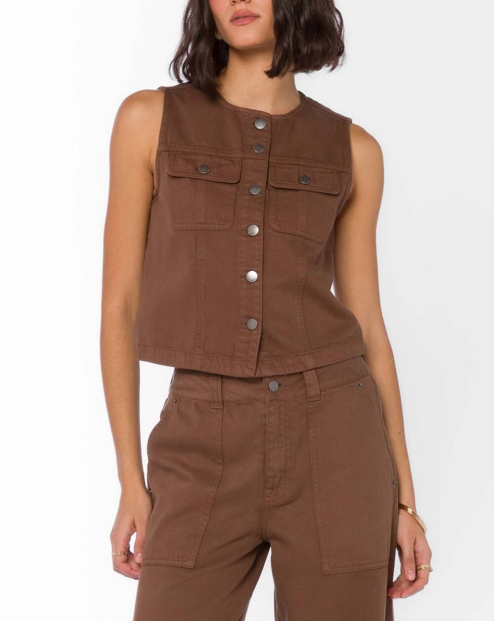NEW VELVET HEART britton button-up vest in tamarind